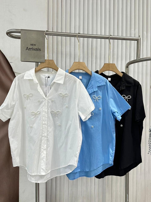 Ladies Pear Detail Collar Down Half Sleeves Shirts